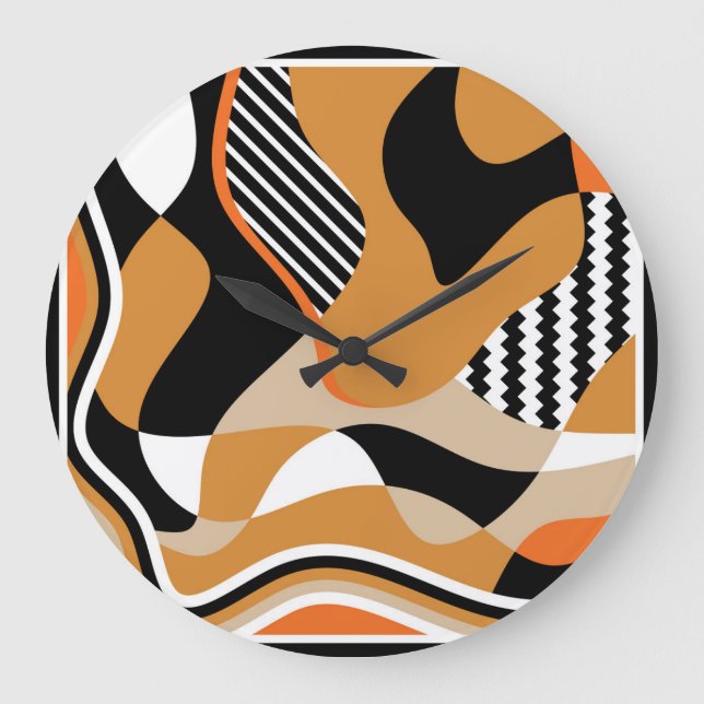 Reloj Redondo Grande Onda abstracta: patrón negro vintage (Anverso)