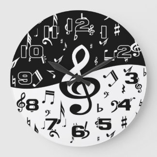 Reloj Redondo Grande Onda elegante del Clef agudo blanco y negro