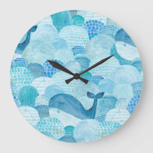 Reloj Redondo Grande Ondas, ballena, textura azul infantil