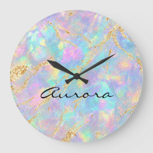 Reloj Redondo Grande Opal Iridescente Soñador Mármol Lámina Dorada Bril