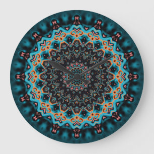 Reloj Redondo Grande Orange Blue Teal Black Mandala Boho Art 