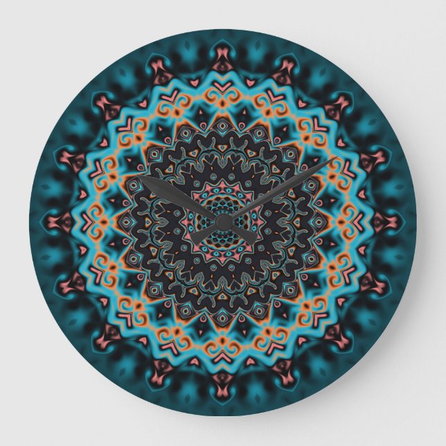 Reloj Redondo Grande Orange Blue Teal Black Mandala Boho Art  (Anverso)