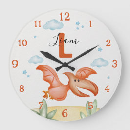 Reloj Redondo Grande Orange Dinosaur Nursery Wall Clock Personalized
