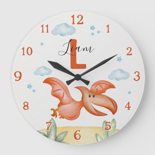 Reloj Redondo Grande Orange Dinosaur Nursery Wall Clock Personalized (Anverso)