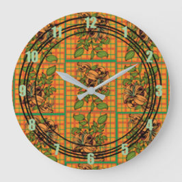 Reloj Redondo Grande Orange Plaid Floral Cutout