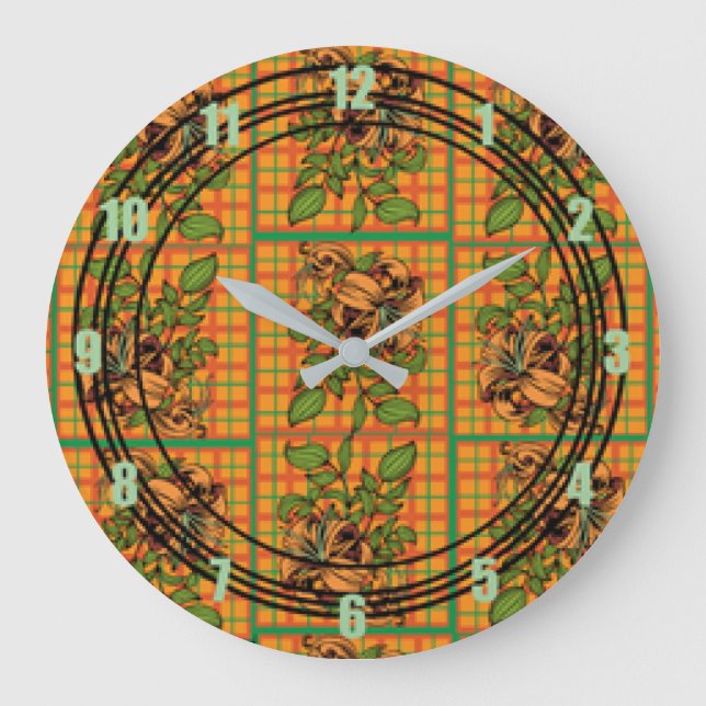 Reloj Redondo Grande Orange Plaid Floral Cutout (Anverso)