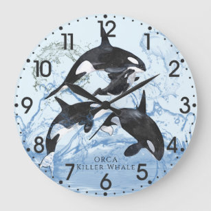 Reloj Redondo Grande Orcas de acuarela blanca y negra increíbles