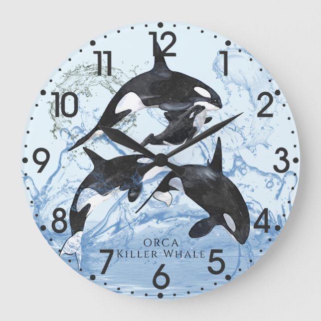 Reloj Redondo Grande Orcas de acuarela blanca y negra increíbles (Anverso)
