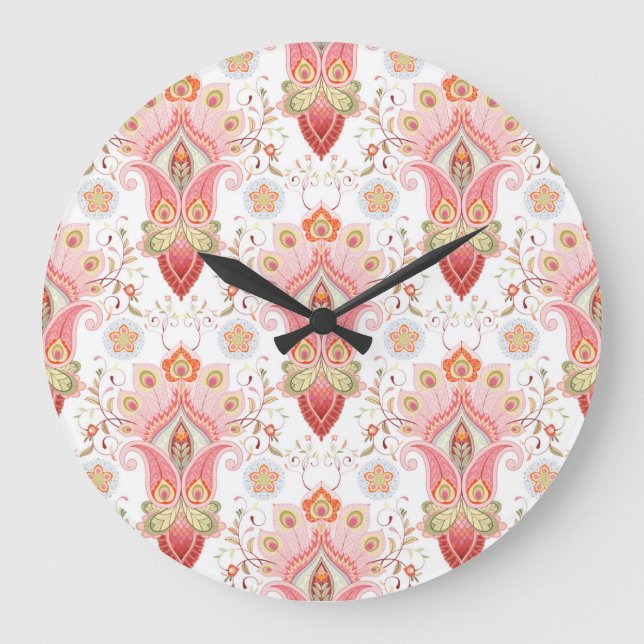 Reloj Redondo Grande Oriental Flair: Damask Peacock Paisley (Anverso)