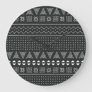 Reloj Redondo Grande Origen étnico tribal: patrón blanco negro.