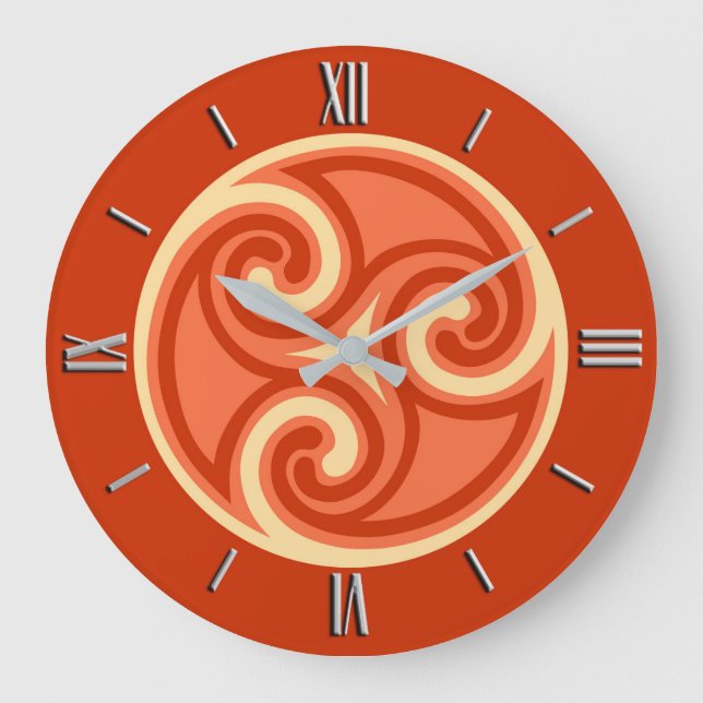 Reloj Redondo Grande Ornamento de Celtic Triskele, Naranja mandarín (Anverso)