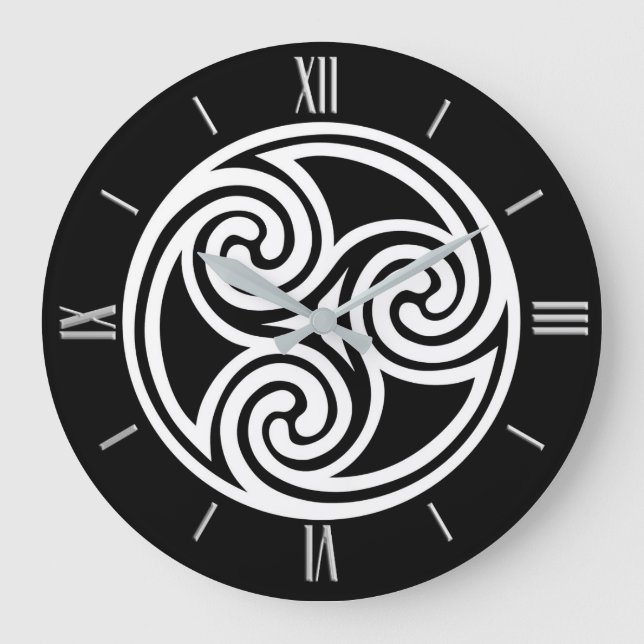Reloj Redondo Grande Ornamento de Triskele del Celtic, blanco y negro (Anverso)
