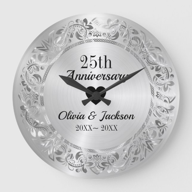 Reloj Redondo Grande Ornamento floral plateado (Anverso)