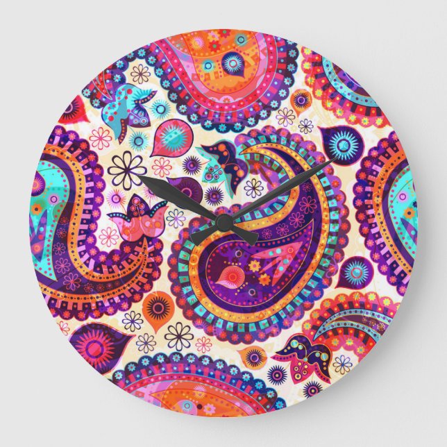 Reloj Redondo Grande Ornamento indio sin foco Paisley Floral (Anverso)