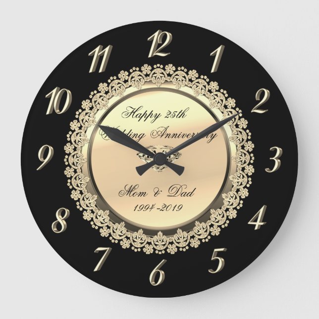 Reloj Redondo Grande Oro, Black Floral Diamond25th Boda Aniversario (Anverso)