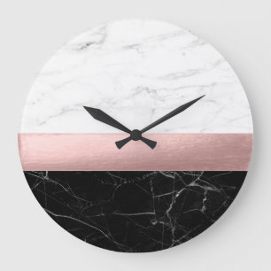Reloj Redondo Grande oro color de rosa de mármol blanco negro claro