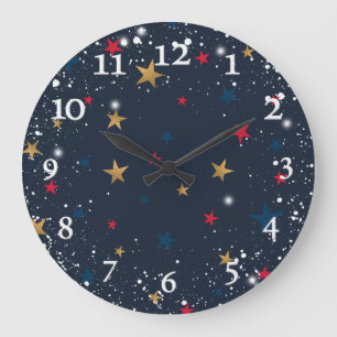 Reloj Redondo Grande Oro, estrellas rojas, copos de nieve en azul. Fest