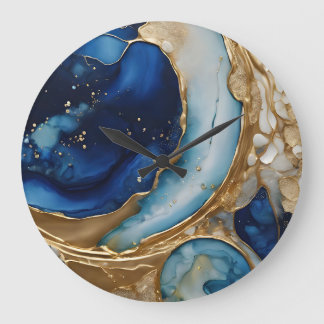 Reloj Redondo Grande Oro-Navy Beach Abstracto Fluido