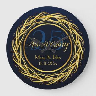 Reloj Redondo Grande Oro personalizado azul oscuro Aniversario Lujo