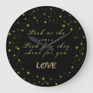 Reloj Redondo Grande Oro personalizado y estrellas brillantes en negro