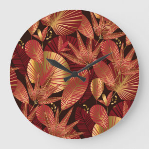 Reloj Redondo Grande Oro Rojo, Patrón Geométrico Tropical.