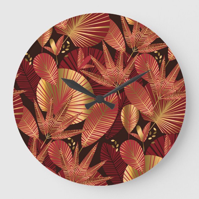 Reloj Redondo Grande Oro Rojo, Patrón Geométrico Tropical. (Anverso)