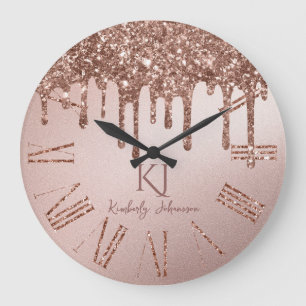 Reloj Redondo Grande Oro Rosa Brillo Glam & Iniciales de Monograma