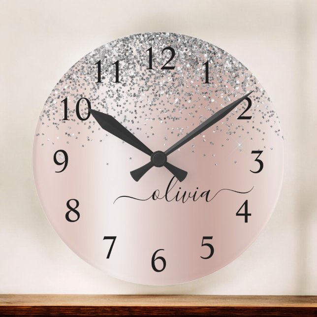 Reloj Redondo Grande Oro Rosa - Monograma plateado Purpurina rosado Rub (Subido por el creador)