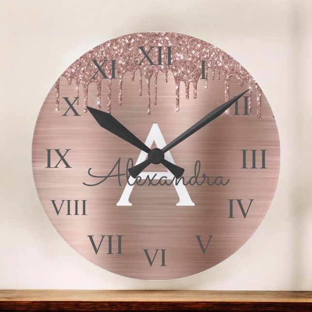 Reloj Redondo Grande Oro Rosa - Nombre Metalizado del monograma del Pur (Subido por el creador)