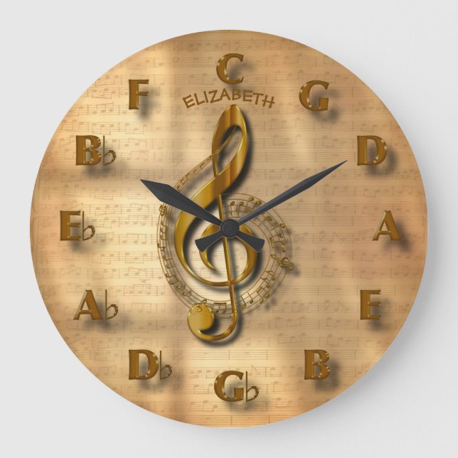 Reloj Redondo Grande Oro Treble Clef Clock Con Círculo De Quintas Músic (Anverso)