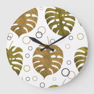 Reloj Redondo Grande Oro tropical: acuarela de hoja de monstera