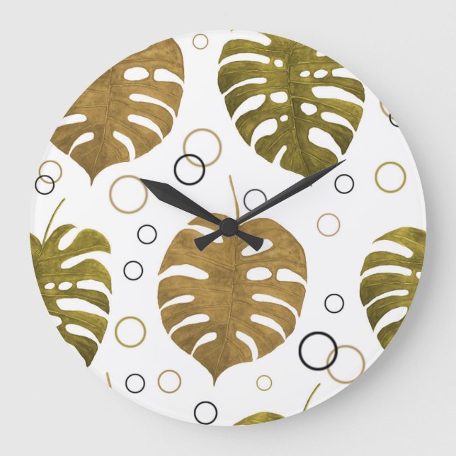 Reloj Redondo Grande Oro tropical: acuarela de hoja de monstera (Anverso)