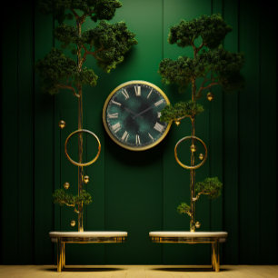Reloj Redondo Grande Oro verde tropical de Monstera del número romano