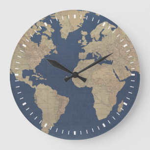 Reloj Redondo Grande Oro y mapa del mundo azul