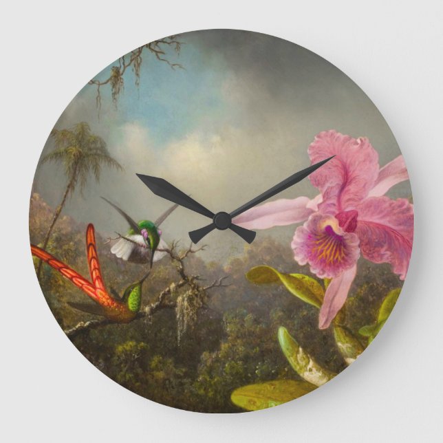 Reloj Redondo Grande Orquídea con dos colibríes Heade (Anverso)