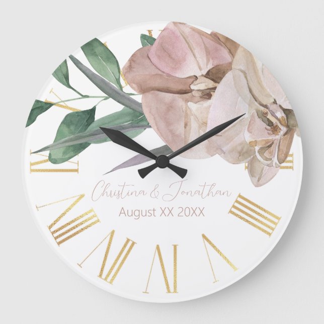 Reloj Redondo Grande Orquídeas de acuarela romántica (Anverso)