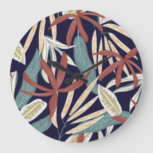 Reloj Redondo Grande Oscuro tropical: Impresión creativa de planta