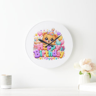 Reloj Redondo Grande Osito de felicitaciones Kawaii pastel rosa adorabl