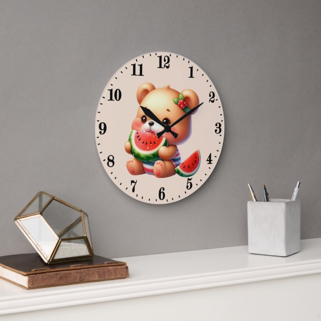 Reloj Redondo Grande Oso amante del sandía lindo (Oficina)