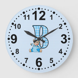 Reloj Redondo Grande Oso azul de Gingham Teddy con letra B