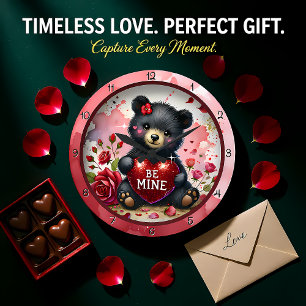 Reloj Redondo Grande Oso Bebé San Valentín Corazón Rojo