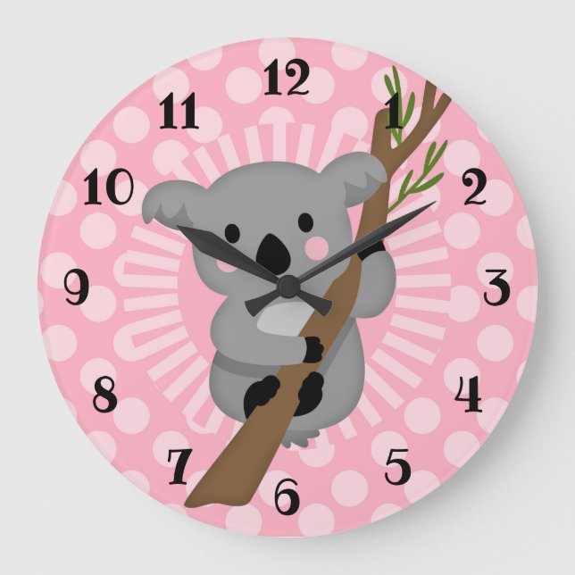 Reloj Redondo Grande Oso de Koala - Chica gris rosado (Anverso)