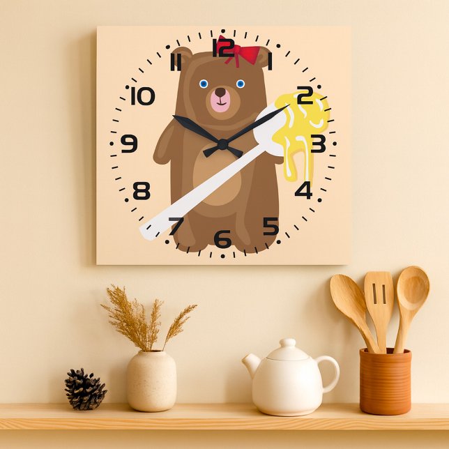 Reloj Redondo Grande Oso de miel adorable con cuchara y lazo rojo (Subido por el creador)
