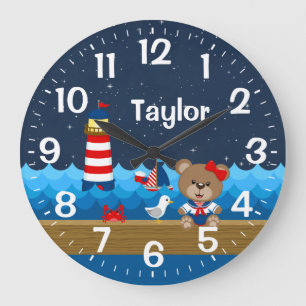 Reloj Redondo Grande Oso de niña náutica rojo y azul marino