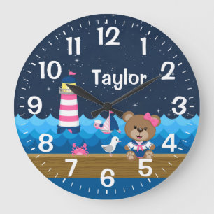 Reloj Redondo Grande Oso de niña náutica rosa y azul marino