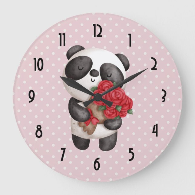 Reloj Redondo Grande Oso de Panda con Rose Bouquet (Anverso)