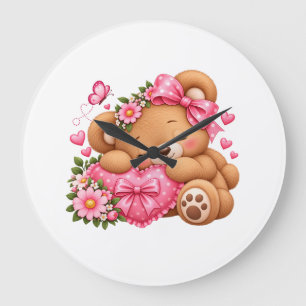 Reloj Redondo Grande Oso de peluche adorable con lazo rosa y corazones