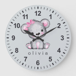 Reloj Redondo Grande Oso de peluche gris rosa femenino personalizado