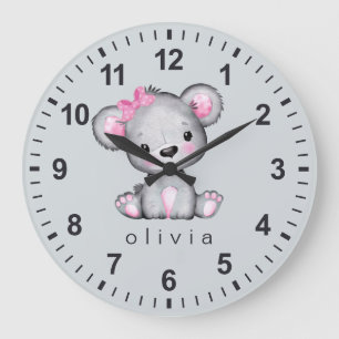 Reloj Redondo Grande Oso de peluche gris rosa personalizado femenino