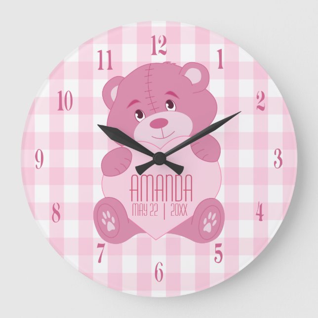 Reloj Redondo Grande Oso de peluche juvenil personalizado con nombre y  (Anverso)